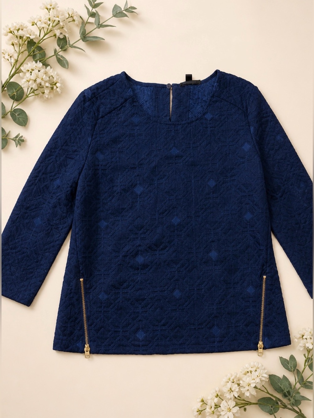 J.Crew Navy Textured Blouse Size 6 | Gold Zip Detail | Elevated Minimalist Top